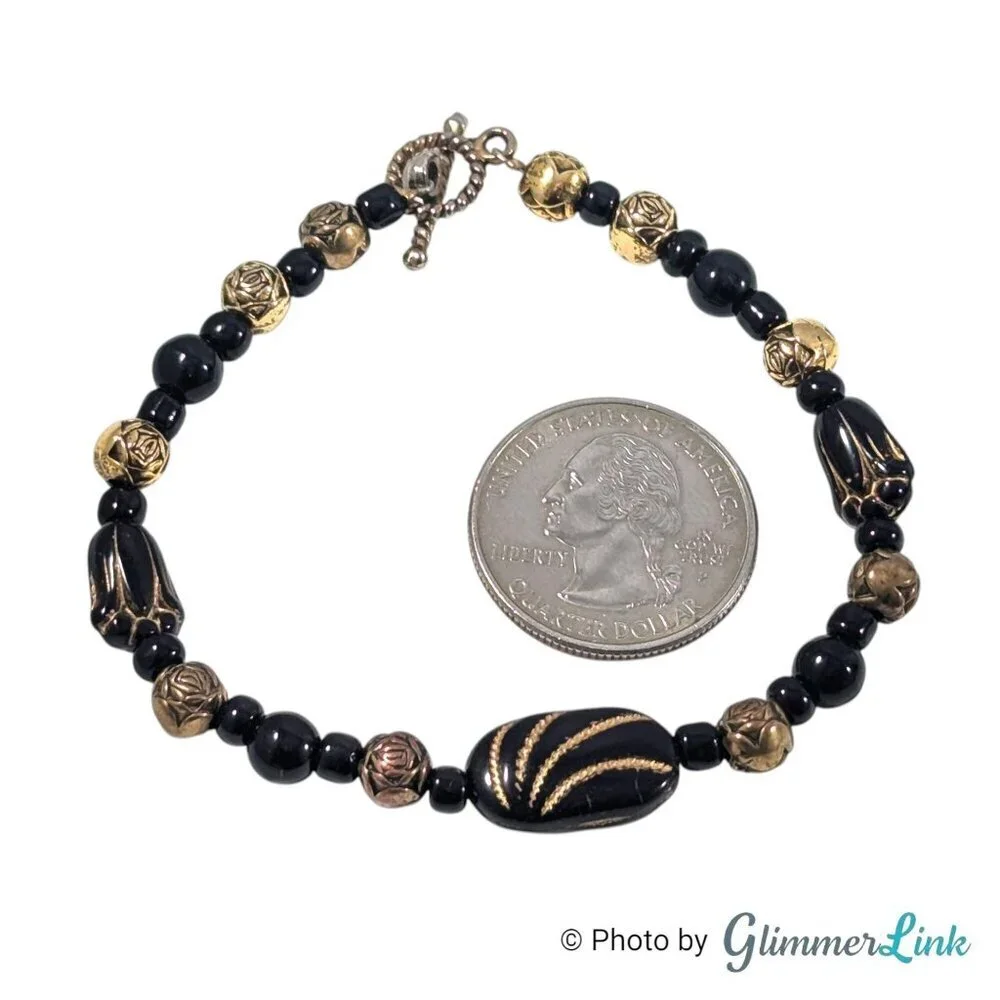 Vintage Black Gold Tone Beaded Bracelet Tulip and Rose Beads